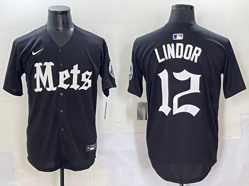 Men 2025 New York Mets 12 Lindor Black Five generations Joint Name Nike MLB Jersey style 1